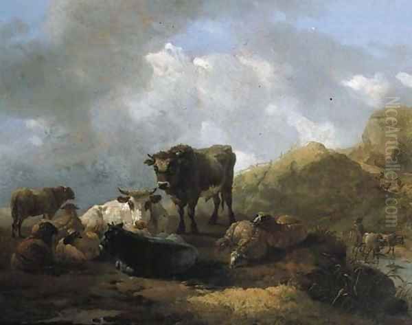 Cattle and sheep in a meadow in an Italianate mountainous landscape Oil Painting by Willem Romeyn