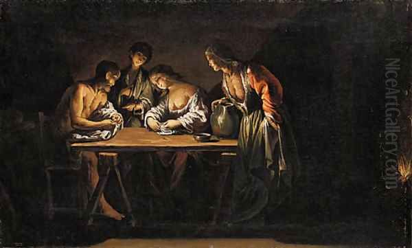 Figures around a table lit by an oil lamp Oil Painting by Pietro Ricchi