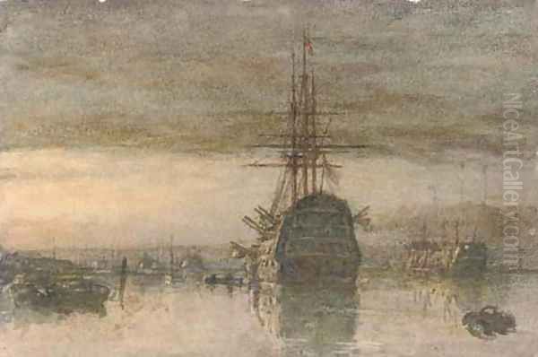 A Third Rate and a hulk lying in Portsmouth Harbour at dusk Oil Painting by Henry Robert Robertson