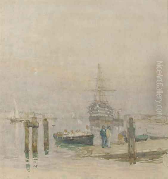 H.M.S. Victory lying at her permanent mooring in Portsmouth Harbour Oil Painting by Henry Robert Robertson