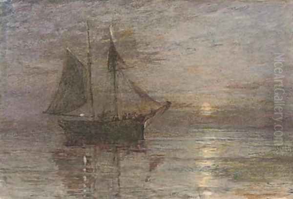 A trading brig in a calm by moonlight Oil Painting by Henry Robert Robertson