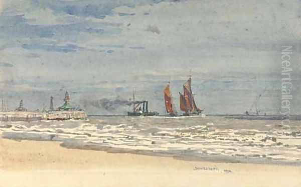 Shipping off the pier at Lowestoft Oil Painting by Henry Robert Robertson