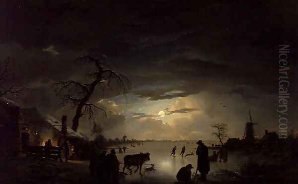 A Winter Landscape in Moonlight Oil Painting by Ignatius Josephus van Regemorter