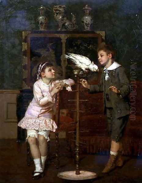 Teasing the Parakeet Oil Painting by Albert Rosenboom