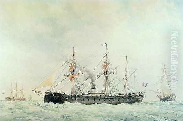 The French Battleship, La Gloire, 1880 Oil Painting by Francois Geoffroy Roux