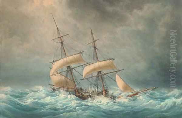 The Francois-Georges reefed down in heavy seas Oil Painting by Francois Geoffroy Roux