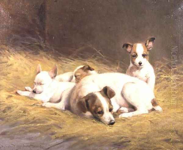 A Terrier with Three Puppies Oil Painting by Gabrielle Rainer-Istuanty