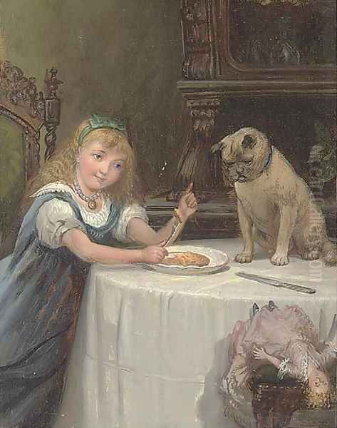 Dinner companions, a young girl with her pug Oil Painting by Alexander Rosell