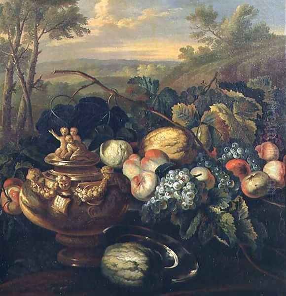 Urn and Fruit in a Landscape Oil Painting by (circle of) Ruoppolo, Giovanni-Battista