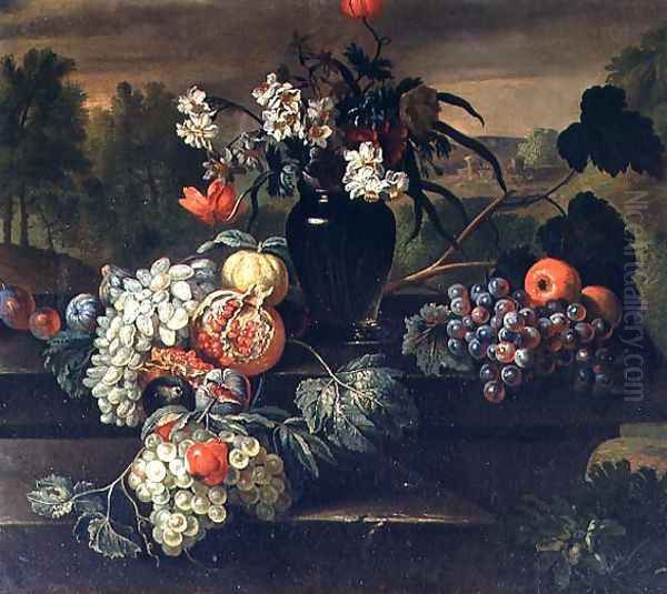 Still Life of Flowers and Fruit Oil Painting by (circle of) Ruoppolo, Giovanni-Battista