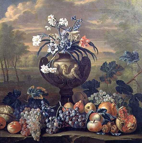 Still Life of Fruit and Flowers in an Urn Oil Painting by (circle of) Ruoppolo, Giovanni-Battista