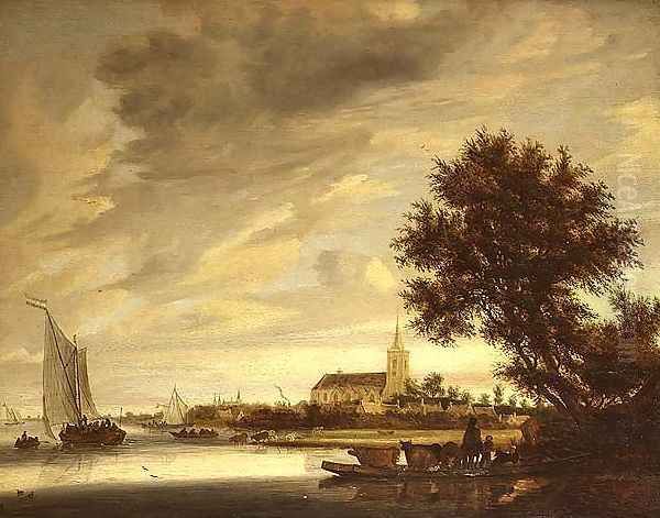 A river landscape with a ferry in the foreground, 1645 Oil Painting by (circle of) Ruysdael, Jacob Salomonsz.