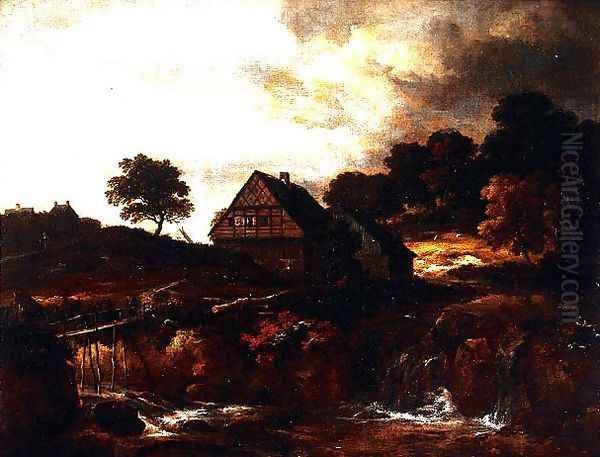 Wooded Landscape with peasant on a bridge over a torrent Oil Painting by (follower of) Ruisdael, Jacob I. van