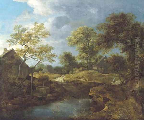 A wooded river landscape with travellers on a track by a hamlet Oil Painting by (follower of) Ruisdael, Jacob I. van