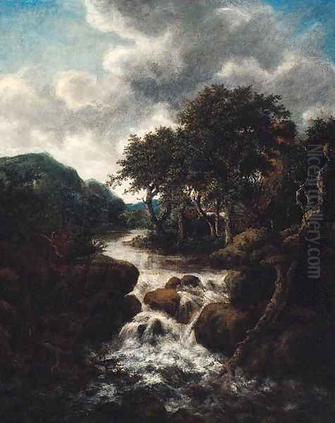 A Scandinavian landscape with a waterfall Oil Painting by (follower of) Ruisdael, Jacob I. van