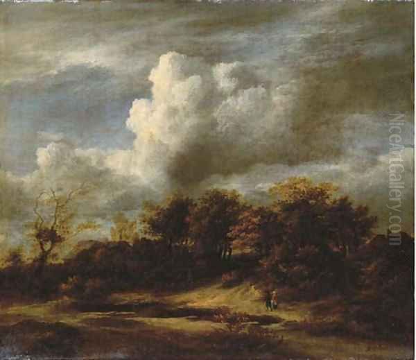 A wooded landscape with travellers walking among the dunes Oil Painting by (follower of) Ruisdael, Jacob I. van