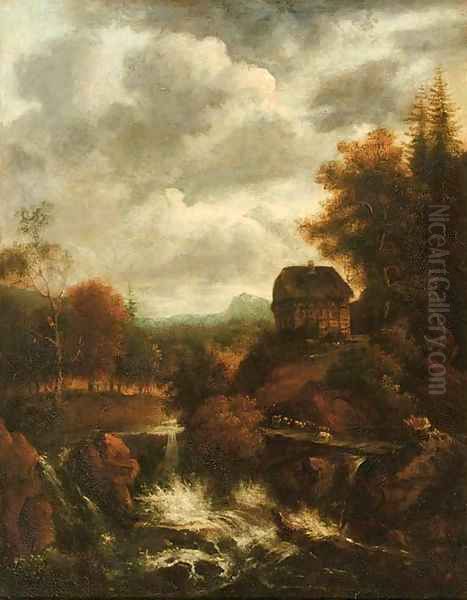 A wooded river landscape with a waterfall and a shepherd with his flock crossing a bridge, a cottage nearby Oil Painting by (follower of) Ruisdael, Jacob I. van