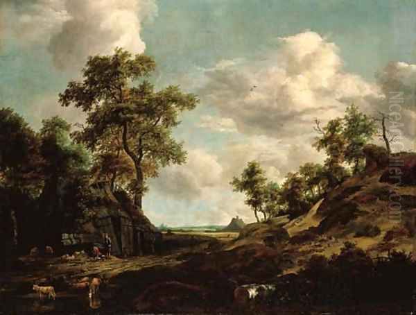 An extensive wooded landscape with a shepherd and his flock by an old barn Oil Painting by (follower of) Ruisdael, Jacob I. van