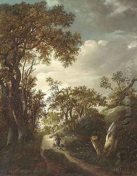 A wooded landscape with a man carrying water on a track, two figures near a gate beyond Oil Painting by (follower of) Ruisdael, Jacob I. van