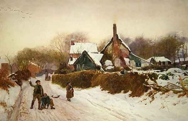 Boys Snowballing at Cookham Dean Oil Painting by William Augustus Rixon