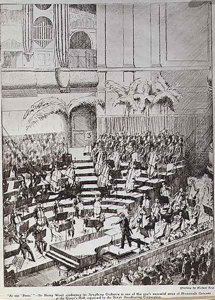 At The Prom Sir Henry Wood conducting his Symphony Orchestra in one of this year's successful series of Promenade Concerts at the Queen's Hall, organised by the British Broadcasting Corporation Oil Painting by Ross, Michael