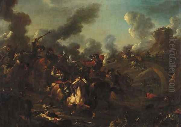 A cavalry skirmish in a landscape Oil Painting by Rugendas, Georg Philipp I