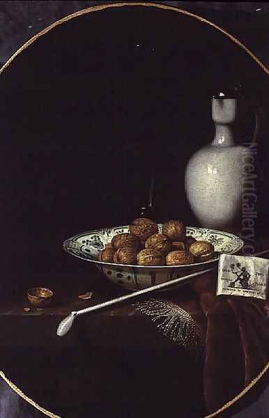 Still Life with Walnuts, Tobacco and a Clay Pipe Oil Painting by Hubert van Ravenstyn