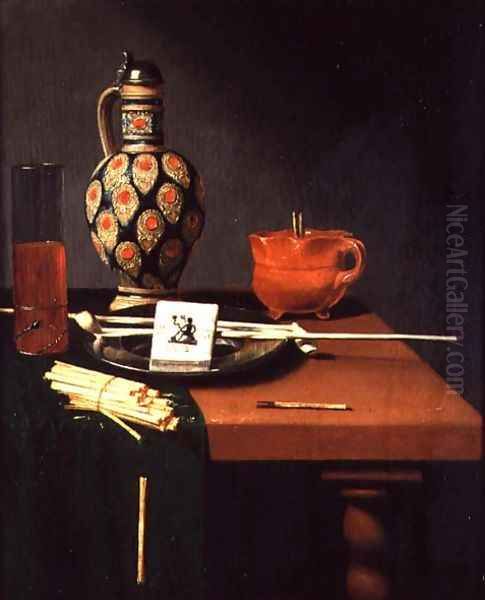 Still Life with a Stoneware Jug and Glass and Smoking Requisites Oil Painting by Hubert van Ravenstyn