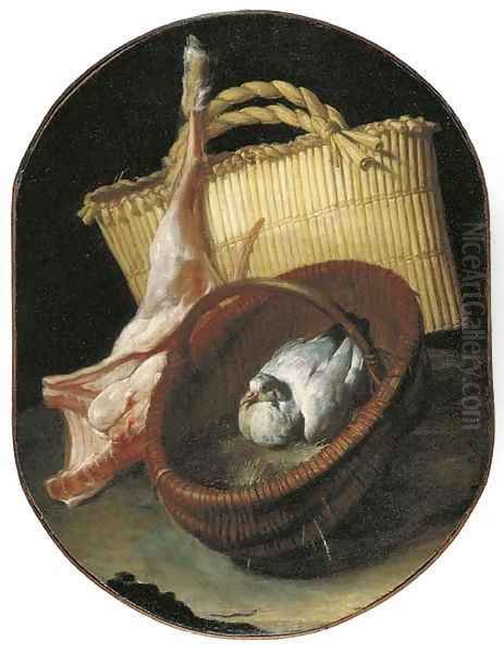 A still life with two baskets and a pigeon Oil Painting by Arcangelo Resani