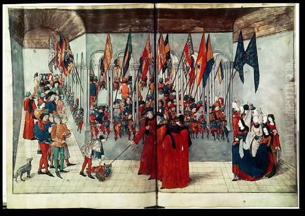 Ms. fr. 2692 fol.47v-48r Preparations for a Tournament, from a treatise Oil Painting by Duke of Anjou & King of Naples Rene or Renatus I