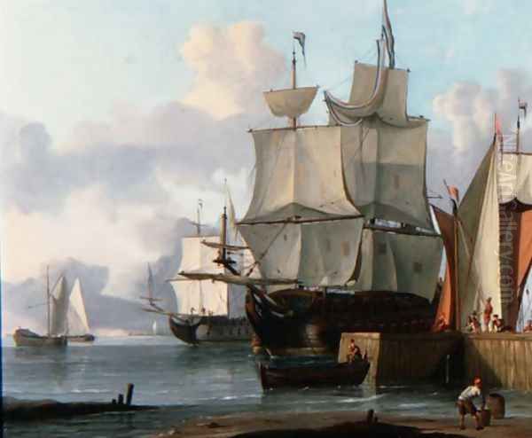 Dutch Men oWar Moored to a Quayside Oil Painting by Jan Claes Rietschoof