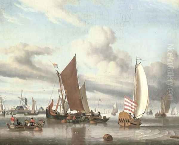 Shipping in a calm sea off a jetty Oil Painting by Jan Claes Rietschoof