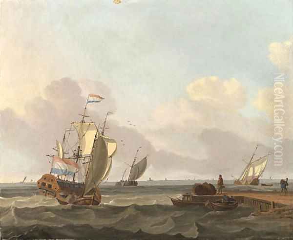 Shipping in a Choppy Sea off a Jetty Oil Painting by Jan Claes Rietschoof