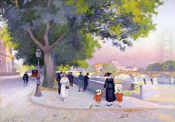 Promenade on the banks of the Seine in Paris Oil Painting by Jules Ernest Renoux