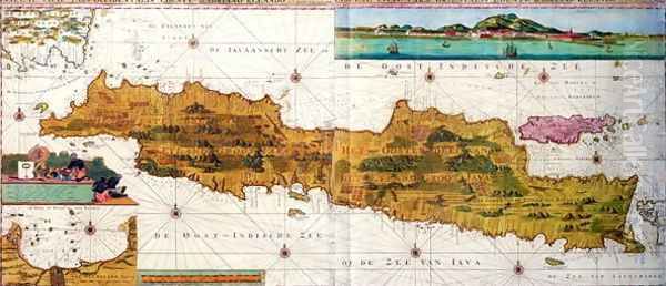 Insulae lavae, a large folding map of Java with two insets both depicting views of Batavia Jakarta Dutch, published by Gerard van Keulen, Amsterdam, c.1715 Oil Painting by Adrian Reland