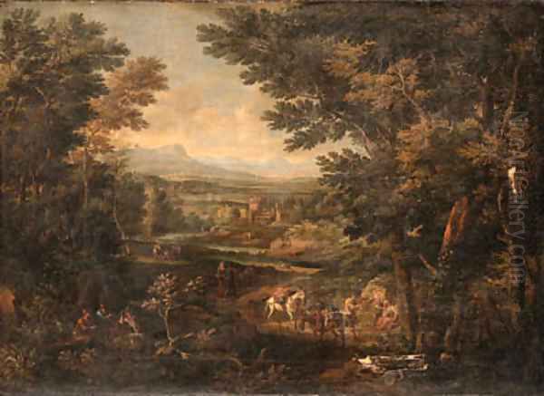 An extensive Italianate river Landscape with Travellers and Packmules on a Track, a Villa beyond Oil Painting by Christian Reder