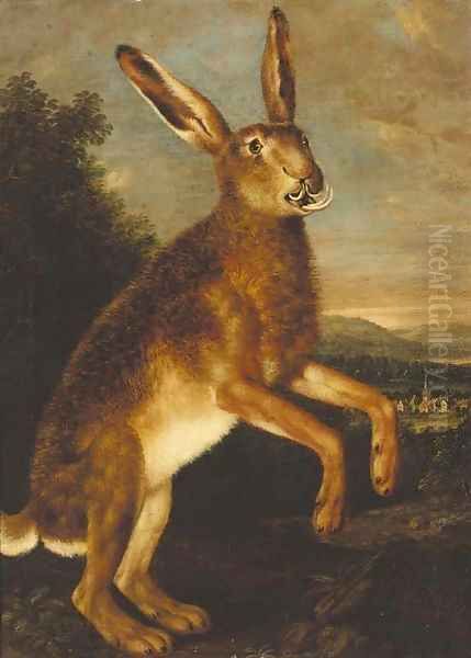 A prancing hare, with a town beyond Oil Painting by Johann Elias Ridinger or Riedinger