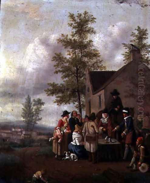 A Magician Performing to a Crowd Outside a Tavern Oil Painting by Nicolas Louis Albert de la Rive