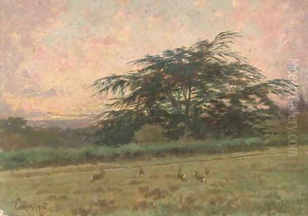 Bunnies at dawn, Brocket Hall Park, the Cedar Oil Painting by P.E. Rischgitz