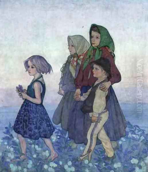 Procession of Polish Highland Children, c.1910 Oil Painting by Jan Rembowski