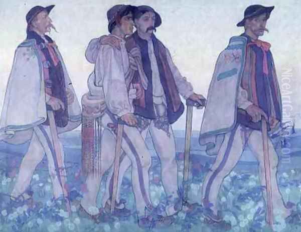 Procession of Polish Highlanders, c.1910 Oil Painting by Jan Rembowski