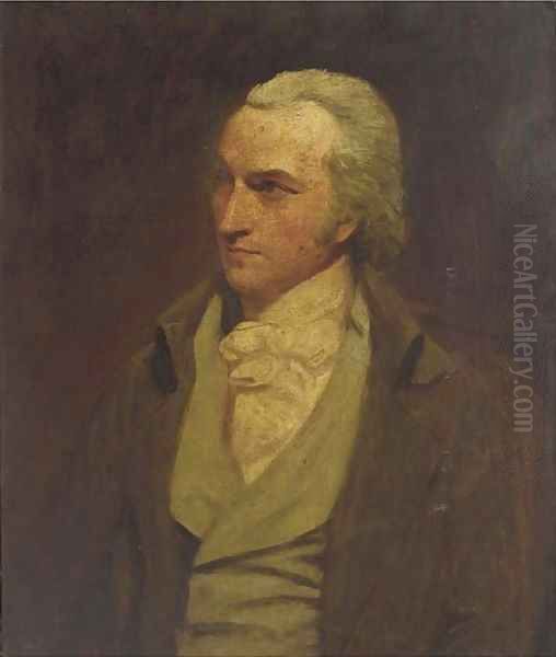 Portrait of a gentleman, half-length, in a brown coat and grey waistcoat Oil Painting by George Romney