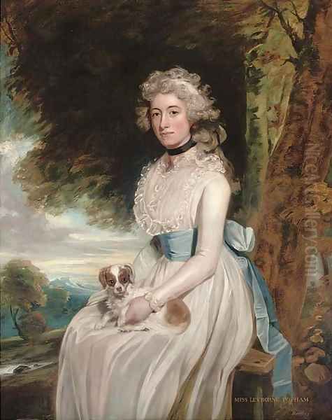 Portrait of a lady, traditionally identified as Miss Leyborne Popham, three-quarter-length, in a white dress with a blue sash, a dog on her lap Oil Painting by George Romney