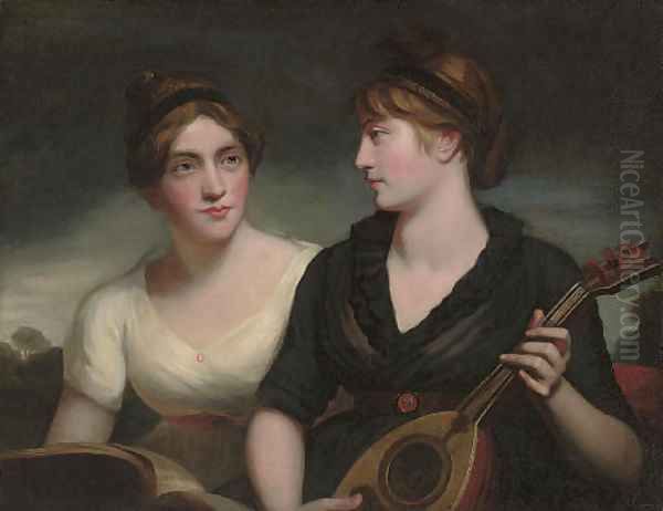 A double portrait of sisters, half-length, one in a black dress playing a lute, the other in a white dress holding a musical score, a landscape beyond Oil Painting by George Romney