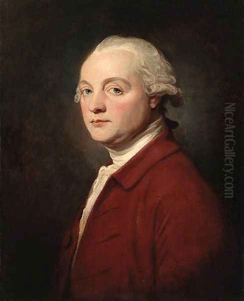 Portrait of a Gentleman said to be John Kenwick, half length, wearing a red jacket Oil Painting by George Romney