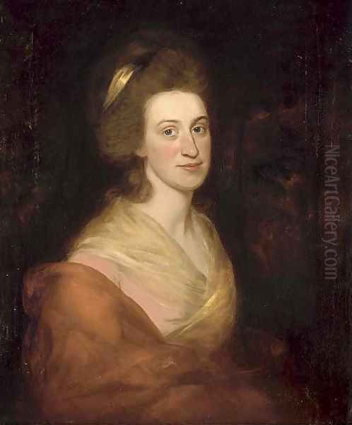 Portrait of a lady, bust-length, in a pink dress and red wrap Oil Painting by George Romney