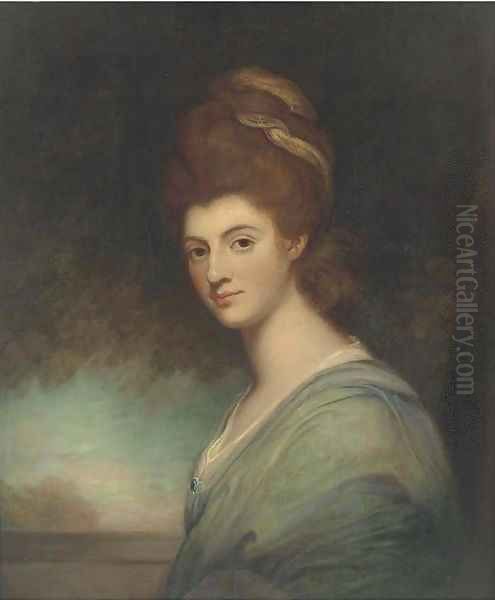 Portrait of a lady, bust-length, in a turquoise dress Oil Painting by George Romney