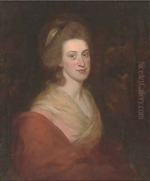 Portrait of a lady, half-length, in a pink dress and orange wrap Oil Painting by George Romney