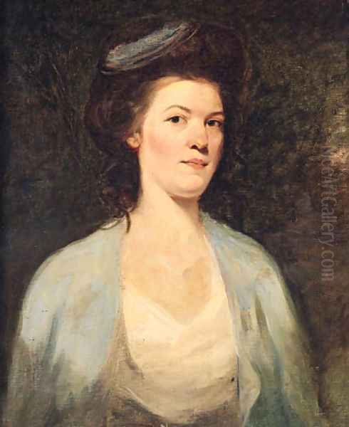 Portrait Of A Lady, Half-Length, In A White And Blue Dress Oil Painting by George Romney