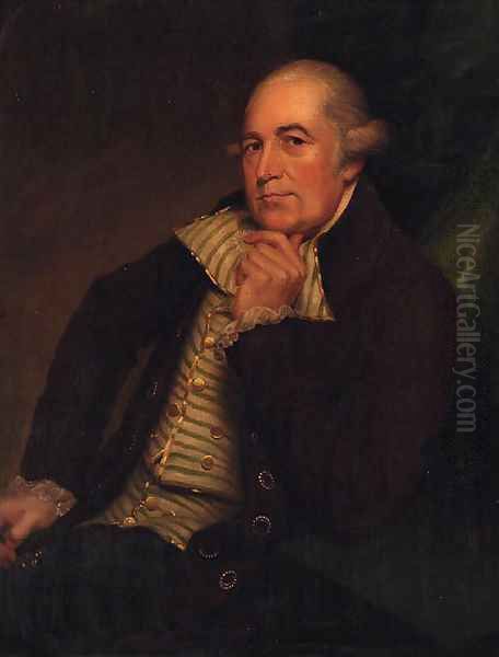 Portrait of George Maltby, seated three-quarter-length, in a brown coat and green and white striped waistcoat Oil Painting by George Romney